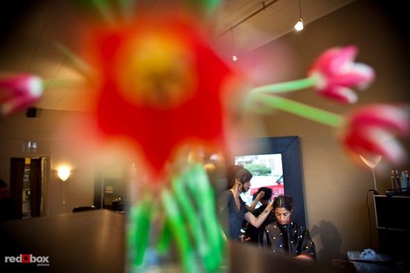 Karthik has her hair done at Halo Salon in Seattle prior to her Hindu and Jewish wedding ceremonies at Uptown Hideaway. (Photo by Dan DeLong/Red Box Pictures)