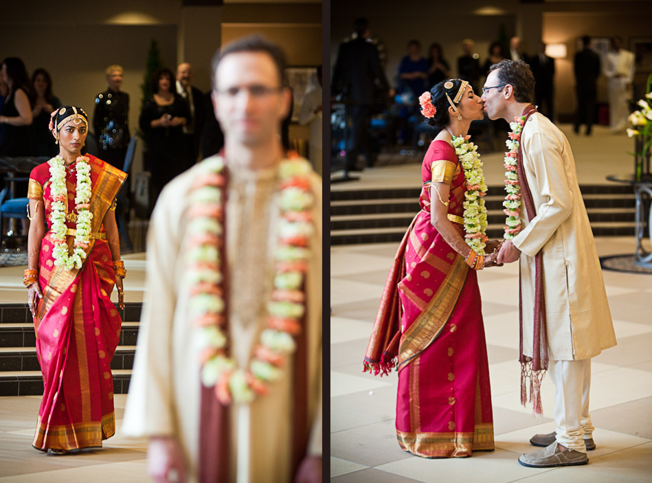 Karthik and Mike see each other in their Indian wedding finery for the first time prior to their Indian wedding ceremony at the Uptown Hideaway in Seattle. (Photo by Andy Rogers/Red Box Pictures)