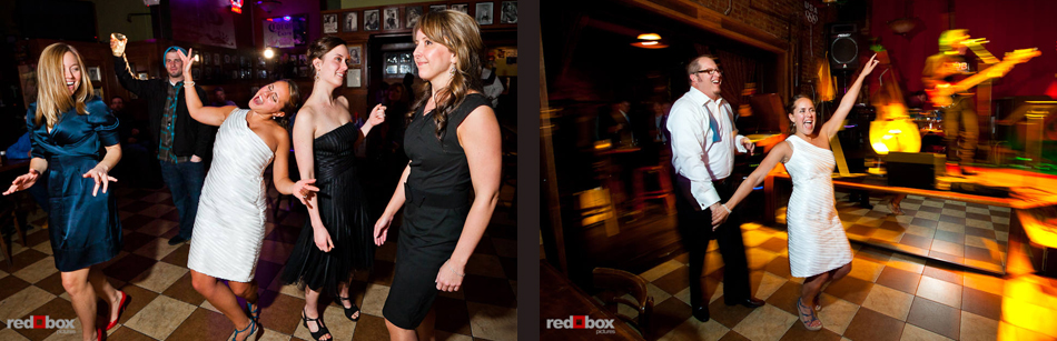 Following their wedding reception, Katie and Bryce, guests and patrons dance during their after party at J&M Cafe and Cardroom in Seattle's Pioneer Square. (Photo by Dan DeLong/Red Box Pictures)