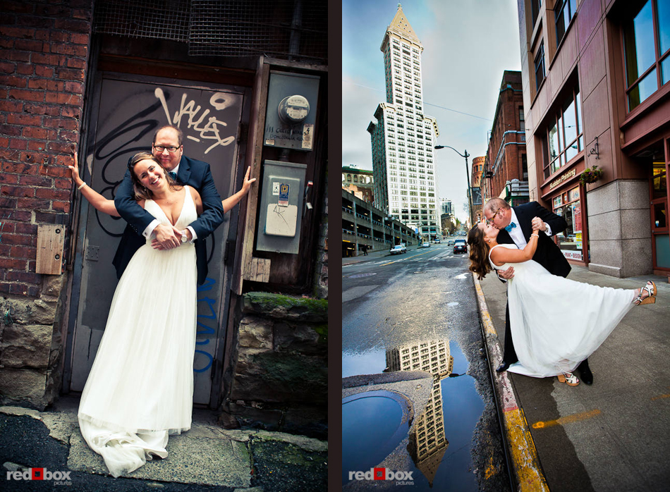 Bryce and Katie kiss in front of Seattle's Smith Tower in Pioneer Square on their wedding day. (Photo by Dan DeLong/Red Box Pictures)