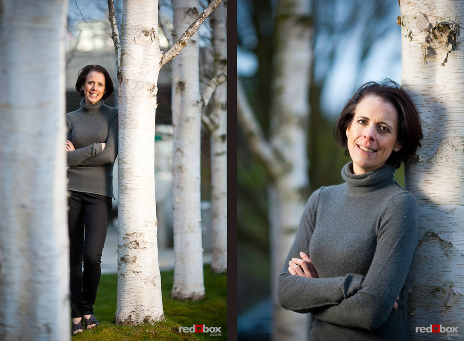 Liz poses among alder trees during a portrait photography session along Seattle's waterfront. (Photo by Dan DeLong/Red Box Pictures)
