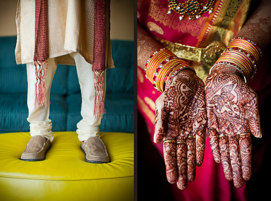 Left: Mike stands in his Indian outfit prior to his Hindu ceremony at the Uptown Hideaway in Seattle. (Photography by Andy Rogers/Red Box Pictures) Right: Karthik displays the mehndi design on her palms prior to her Indian wedding ceremony at the Uptown Hideaway in Seattle. (Photo by Dan DeLong/Red Box Pictures)