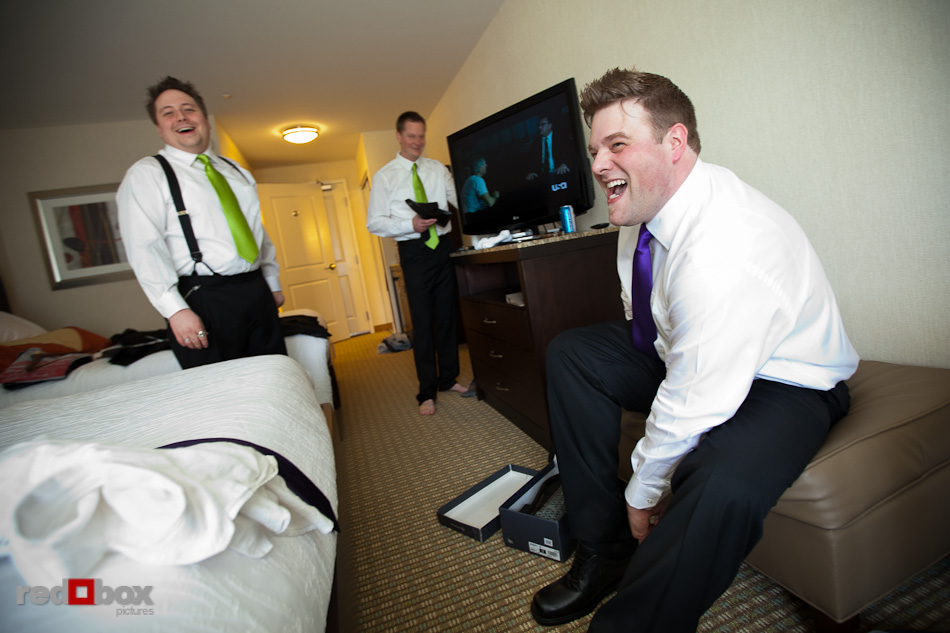 Matt and his groomsmen get ready for his wedding at Courtyard Hall in Bothell, WA. (Photo by Andy Rogers/Red Box Pictures)