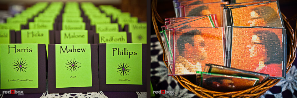 Place cards for Kari and Matt's wedding at Courtyard Hall in Bothell. Kari and Matt created mix cds featuring the music from their wedding at Courtyard Hall in Bothell. (Photo by Andy Rogers/Red Box Pictures)