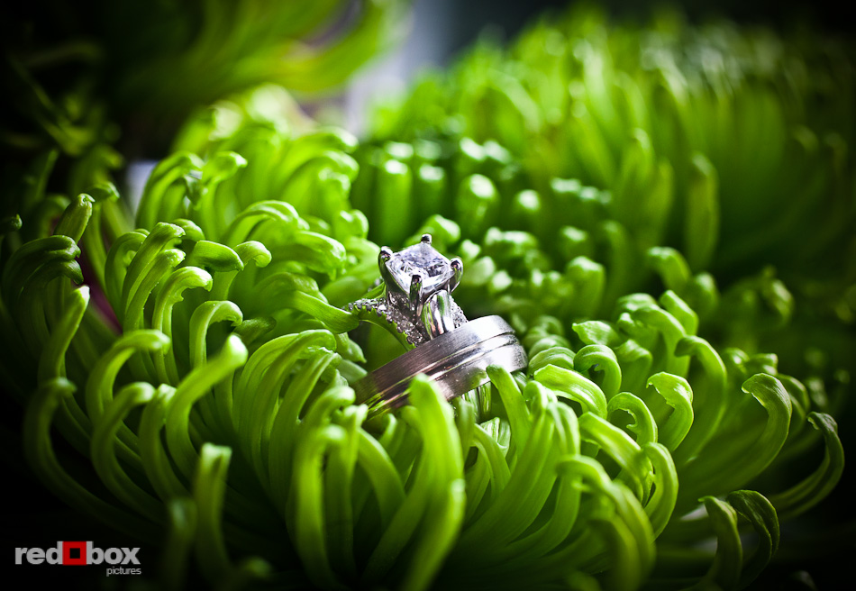 Kari and Matt's wedding rings sitt among their flowers during their wedding reception at Courtyard Hall in Bothell. (Photo by Andy Rogers/Red Box Pictures)