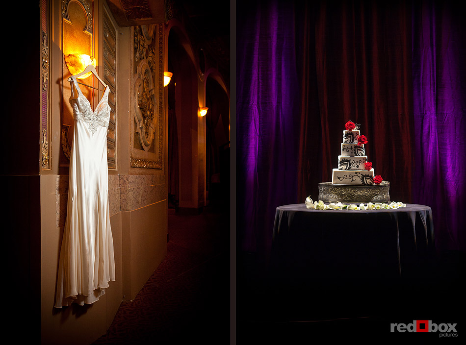 Summer's wedding dress hangs in The Paramount Theater in Seattle prior to her wedding. RIGHT: The wedding cake of Summer and Jeff has yet to be cut during the wedding reception at The Paramount Theater in Seattle. (Photo by Andy Rogers/Red Box Pictures)