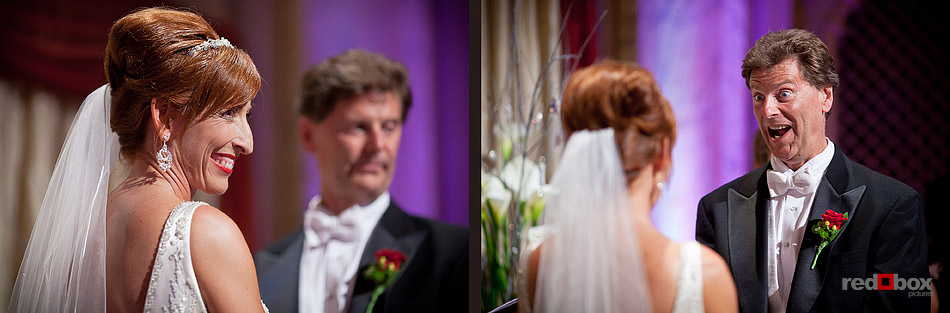 Summer looks to her parents during her wedding ceremony at The Paramount Theater in Seattle. RIGHT: Jeff reacts during his wedding ceremonty at The Paramount Theater in Seattle. (Photo by Andy Rogers/Red Box Pictures)