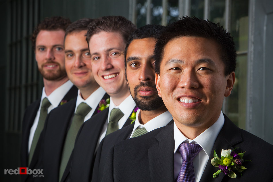 Ted stands with his groomsmen at the Ballard Locks prior to his Ray's Boathouse wedding. (Photo by Andy Rogers/Red Box Pictures)