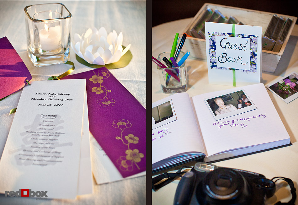 Programs and guest book at Laura and Ted's wedding in the Northwest Room at Ray's Boathouse in Seattle. (Photo by Andy Rogers/Red Box Pictures)