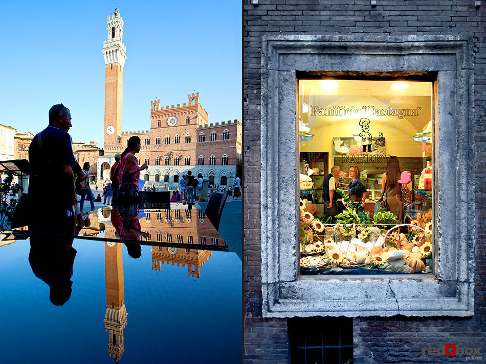 Torre del Mangia rises and reflects in Piazza del Campo in Sienna (left) in Tuscany, Italy, along with a window scene. (Italy Photography By Scott Eklund/Red Box Pictures)