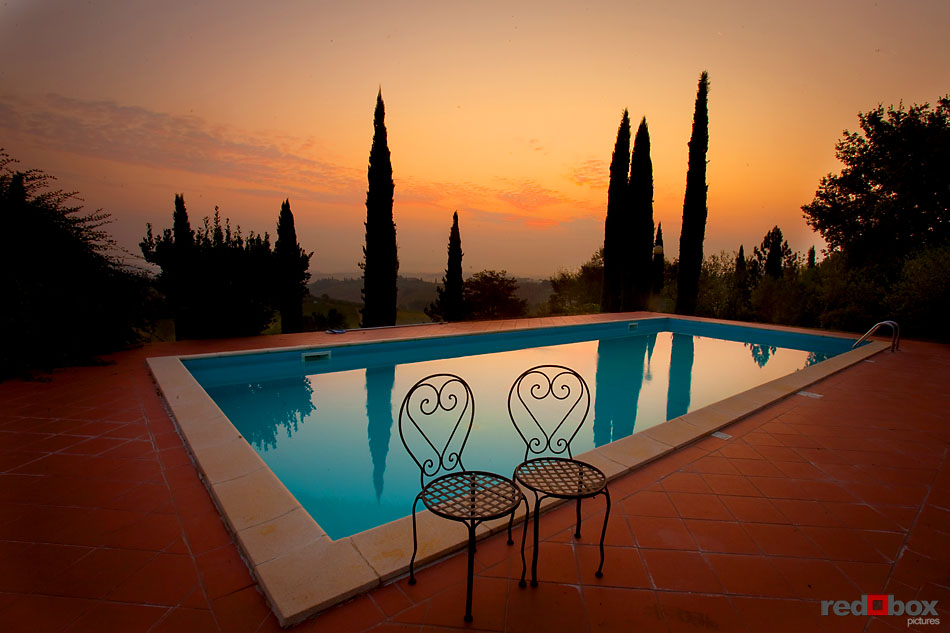 The pool at sunrise at the villa in San Gimignano,Tuscany, Italy. (Italy Photography By Scott Eklund/Red Box Pictures)