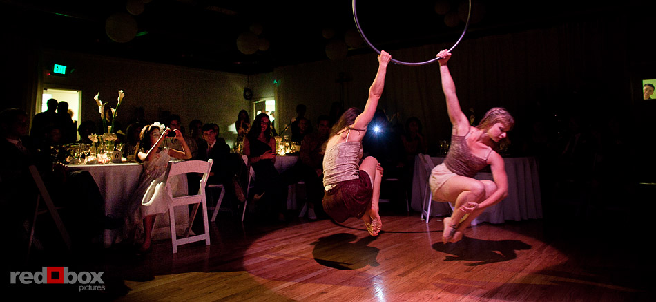 Jill Marissa and Elizabeth Rose of TickTock Dance, perform an aerial dance performance during Jane and Kia's reception at Velocity Dance Center in Seattle. (Photo by Andy Rogers/Red Box Pictures)