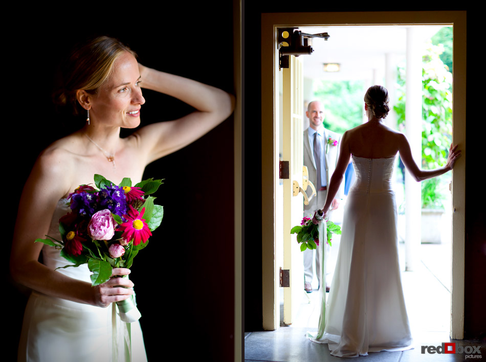 A portrait of the bride. The bride looks outside at the groom before their wedding ceremony at The Hall at Fauntleroy in West Seattle, WA. (Seattle Wedding Photography by Scott Eklund/Red Box Pictures)