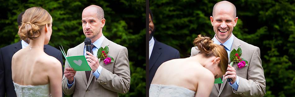 The bride and groom exchange their vows and a few laughs during their ceremony at The Hall at Fauntleroy in West Seattle, WA. (Seattle Wedding Photography by Scott Eklund/Red Box Pictures)