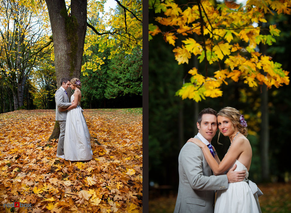 During a wedding day portrait session, Amanda and Jed stand among the fallen bright yellow leaves of the big leaf maple trees in Seattle's Woodland Park.  (Photo by Dan DeLong/Red Box Pictures)