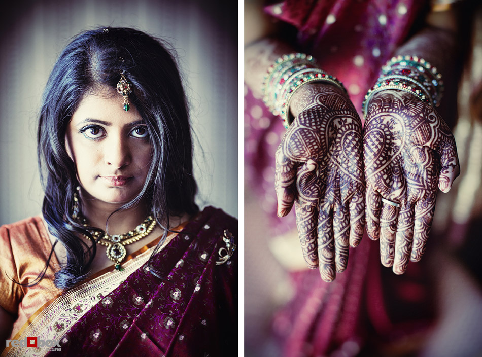 Poonam displays the heart-shaped henna design on her hands during  a wedding portrait Hotel Monaco prior to her Pravda Studio wedding in Seattle. (Photo by Andy Rogers/Red Box Pictures)