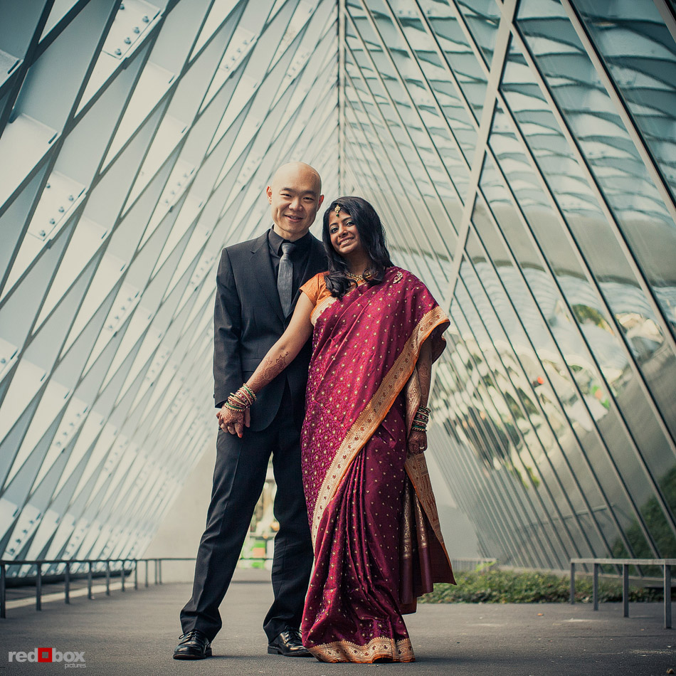 Poonam and Jerry pose for portraits at the Seattle Public Library downtown prior to their Pravda Wedding ceremony in Seattle. (Photo by Andy Rogers/Red Box Pictures)