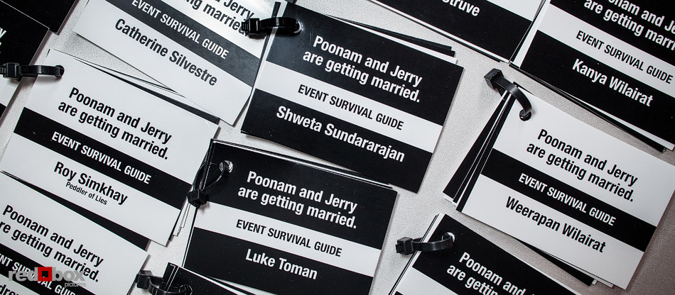 Poonam and Jerry have an event survival guide for guests at their wedding at Pravda Studio in Seattle. (Photo by Andy Rogers/Red Box Pictures)