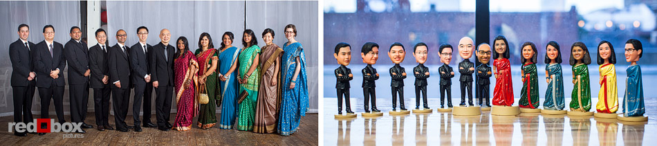 Poonam and Jerry's wedding party and their bobblehead likenesses are photographed at Pravda Studio in Seattle. (Photo by Andy Rogers/Red Box Pictures)