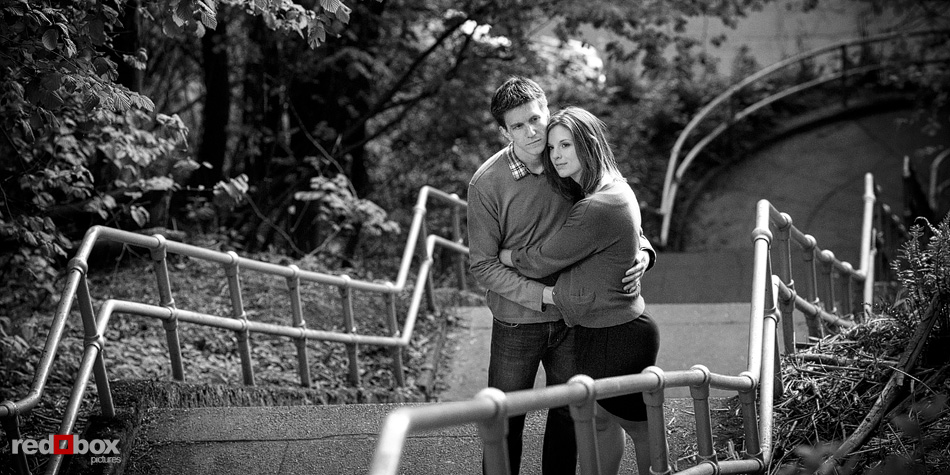 Christine and Dan on the Blaine Stairs from South Lake Union during their engagement photo session in Seattle. (Photos by Andy Rogers/Red Box Pictures)