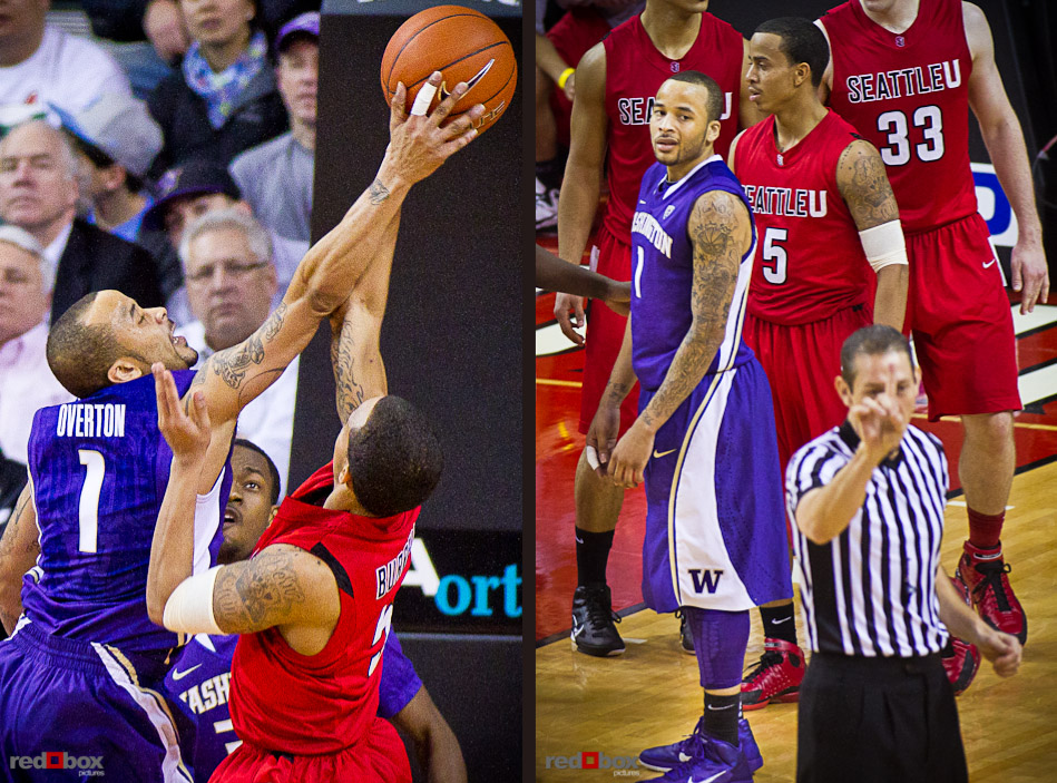 venoy-overton-block-foul-referee The University of Washington Huskies guard Venoy Overton blocks a shot and expresses frustration over a foul call as Seattle University Redhawks fans lookon at Key Arena in Seattle Tuesday, Feb. 22, 2011. (Photo by Andy Rogers/Red Box Pictures)