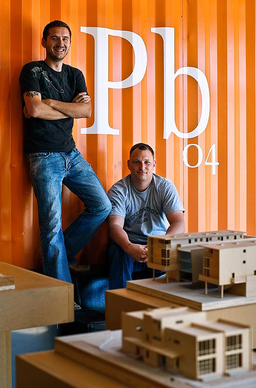 Chris Pardo, standing, and David Biddle, the principle architects at Pb Elemental in Seattle. (Photographer: Andy Rogers)