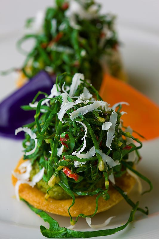 Shaved salad tartelette with a zucchini pesto and ricotta salata at Lampreia Restaurant in Seattle (Photograph: Scott Eklund)