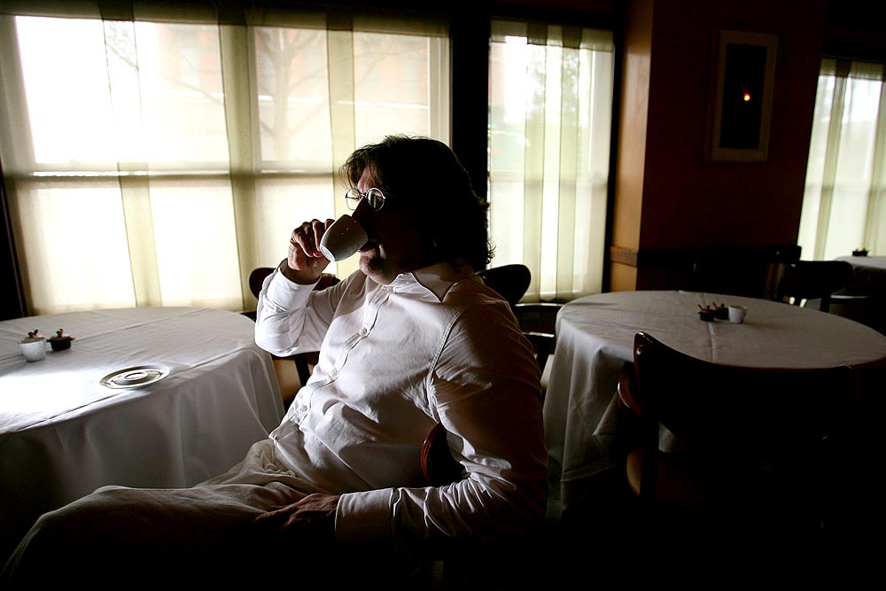 Chef Scott Carsberg takes espresso before dinner service at Lampreia in Seattle. (Photographer: Scott Eklund)