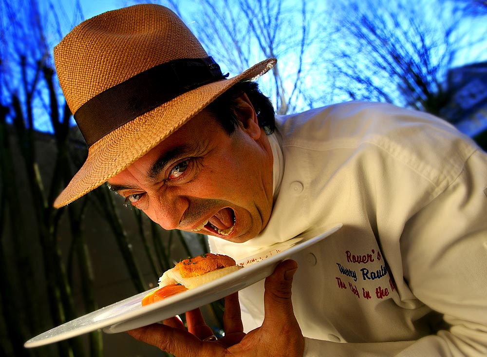 Thierry Rautureau, chef-owner of Rover's, can't resist his own food. (Photographer: Scott Eklund)