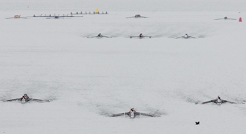 Crew teams compete in the women's open 8 race during the Windermere Cup hosted by the University of Washington. (Photographer: Dan DeLong)