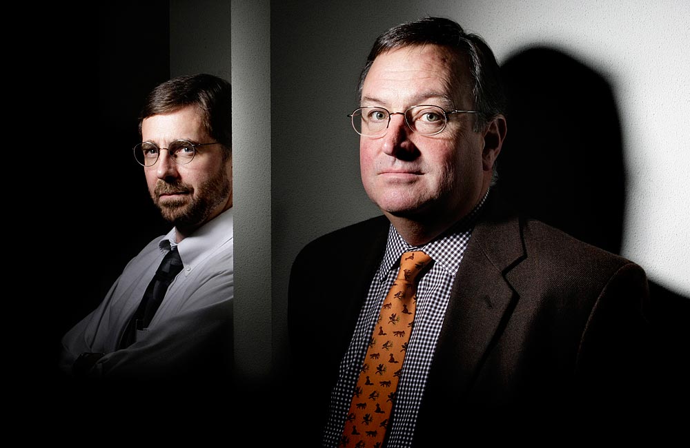Perkins Coie law firm partners Joe McMillan, left, and Harry Schneider are overseeing the pro bono case of Osama Bin Laden's former driver. Salim Ahmed Hamdan's is scheduled to become the first person to stand trial at Guantanamo for war crimes. McMillan said he felt he had "to stand up and participate in an effort to rein in" President Bush. (Photographer: Andy Rogers)