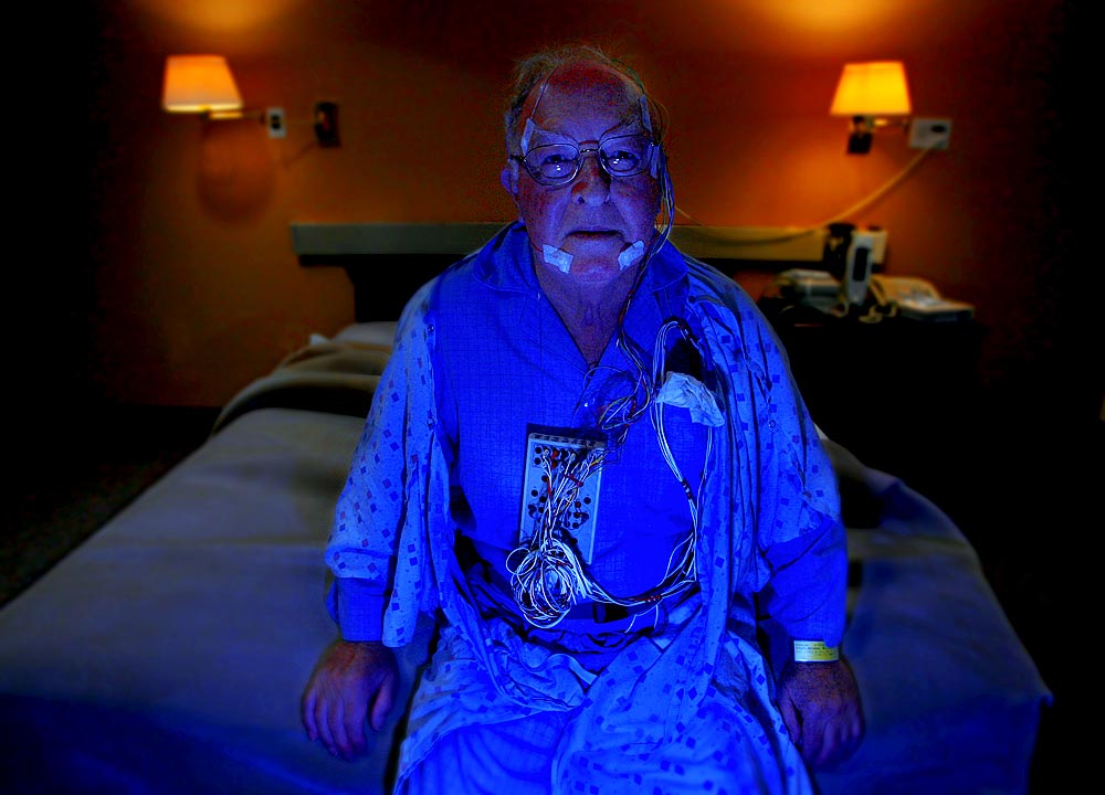 Michael Tyler, 79, has his sleep patterns monitored at Virginia Mason Hospital in Seattle. (Photographer: Scott Eklund)